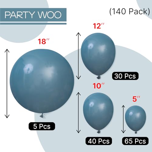 Image of PartyWoo Slate Blue Balloons 140pcs Different Sizes Pack of 18 12 10 5 Inch Navy Dusty Blue Boho Neutral Balloon Arch Kit for Baby Shower Graduation Jungle Ocean Birthday Party Decorations Blue-F36