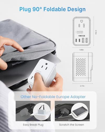220V to 110V Travel Voltage Converter US to Europe, VINTAR 2000W Foldable European Travel Plug Adapter with 4 USB (2 USB C), Converter for European Travel for Hair Dryer Straightener Curling Iron4