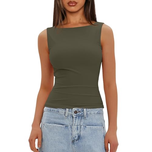 Ofertas De Amazon, Camisetas Basicas Mujer Verano Rebajas Camisetas sin Mangas Mujer Algodón Cuello Redondo Tshirt Camisetas Basica Blusas Mujer Slim Fit T Shirts Verde del ejército S - imagen 2
