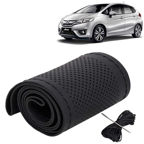 Image of KINGSWAY PU Leatherite Car Steering Cover Sewable Compatible with Honda Jazz (Year 2014-2018), Black Color with Black Thread, Pack of 1 with Sewing Needle and Thread