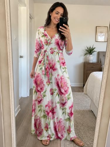 Image of Plus Size Maxi Dress for Women V Neck Flowy Dresses with Pockets for Wedding Guest Church