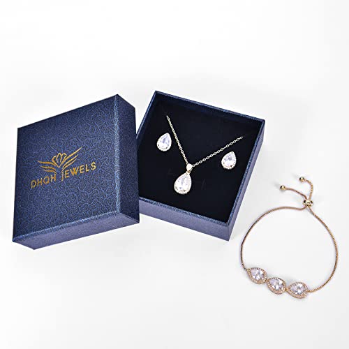 Dhqh 3Pc Cubic Zirconia Teardrop Necklace Earring And Bracelet Set For Wedding With Link Bracelet Bridesmaids Jewelry Sets For Women Wedding Party Jewelry For Bridal Bridesmaid #TOP6