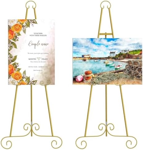 2 Pack Gold Easel Stand for Sign, Vintage Decorative Adjustable Floor Metal Display Easel with Chain Support for Wedding Signs, Art, Posters, Pictures, Welcome Signs, Suitable for Home, Parties, Galleries