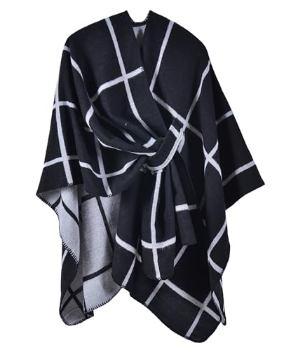 Image of Favorland Women's Plaid Fall Winter Blanket Wrap Poncho Cape Open Front Cardigan Shawls
