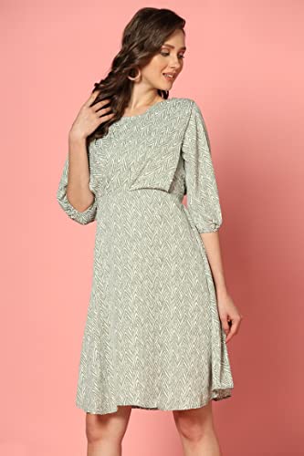 Image of Leriya Fashion Dresses for Women | Fancy Rayon Zig Zag Printed Faux Wrap Western Dress | Fit & Flare Knee Length Dresses for Girls | Loose Narrow Elastic Cuffs Sleeves