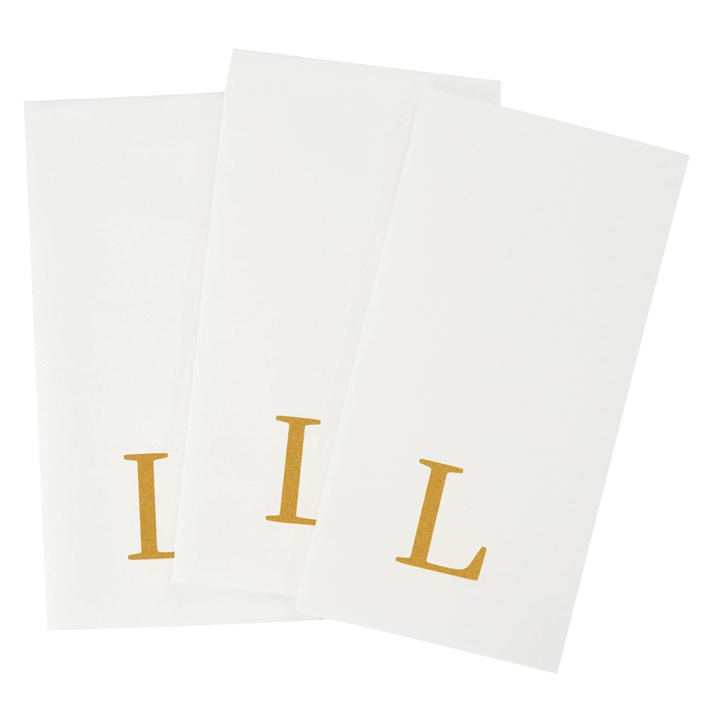 Luxenap - Toallas de invitados de 15.8 x 7.9 pulgadas, 50 toallas de mano con letras doradas, letra "L", letra Sans Serif, servilletas de papel blanco, airlaid, para baños y mesas