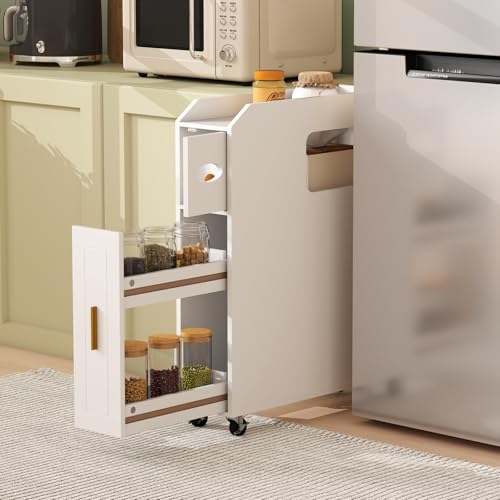 LIFEZEAL Badezimmerschrank klein, Nischenschrank mit Toilettenpapier-Box, Bürstenhalter & Schublade, Badschrank Nischenregal schmal für Waschküche, Wohnzimmer, Badezimmer (Weiß)