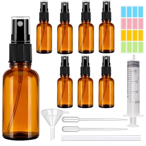 CafullCon 8 Stück Sprühflasche Glas, 100ml Braunglas Sprühflaschen zum Befüllen Tragbares, Nachfüllbar Zerstäuber mit Trichte, Tropferr und Etiketten für Wasser Alkohol Kosmetik Parfüm Aromatherapie