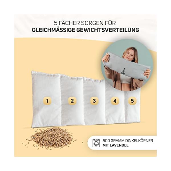 Vybelle® Körnerkissen (51x17cm) 5-Kammer Wärmekissen Mikrowelle [mit wohltuenden Lavendelblüten] Dinkelkissen mit… – Bild 6