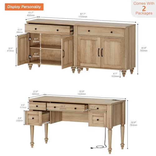 WAMPAT Home Office Furniture Set, 56\'\' Executive Desk with Charging Station, 2-in-1 Cabinet with 4 Doors and 2 Drawers, Wood Computer Desk with File Cabinet Storage, Open Shelf, Oak