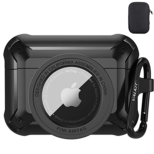 Valkit Compatible Airpods Pro 2/1 Case and AirTags Cover, 2 in 1 Rugged Protective Cases Shockproof Air Pod Pro Cases for Men Women iPod Airpods Pro 2nd/1st Generation Case and Airtag, Black