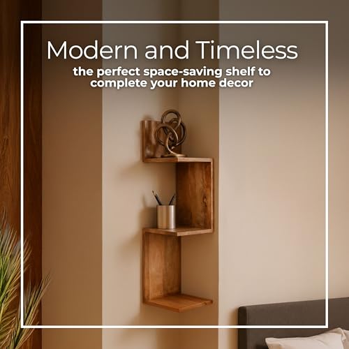 Sculptural Zig Zag Corner Wall Mounted Shelf for Entryway Corner Display - Hanging Mango Wood Storage Organizer Living Room or Office Styling- Wall Organizer for Books and Decorations - 33", Brown by Sagebrook Home - Used condition - Image 4