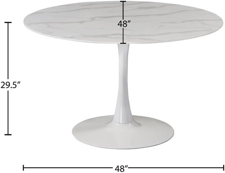 Pemberly Row 48" Round Dining Table, Faux Marble Top with White Pedestal Base, 10MM Tempered Glass Veneer, Contemporary Design, 48" Diameter Table for Kitchen, Dining Room or Office Use