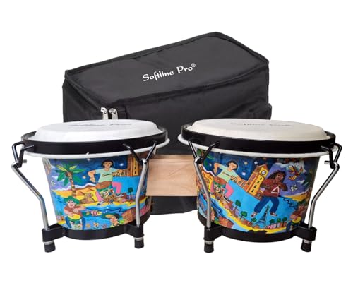 Image of Softline Pro Bongo Drum Set with Tuning Wrench & Padded Professional Wooden Percussion Instrument for Beginner Adults Kids - Natural Skin (SP BNG RC Print)