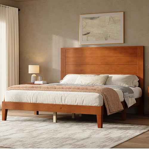 Image of AMERLIFE Full Size Bed Frame with 48 inch Tall Headboard, Mid Century Modern Solid Wood Platform Bed with Silent Wood Slat System, No Box Spring Needed, Under-Bed Storage, Brown