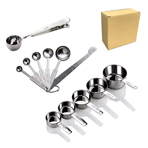 Wuudi - Juego de 5 tazas medidoras de acero inoxidable con cuchara y taza de medición, 6 cucharas medidoras + 1 regla de medición multifunción para cocina