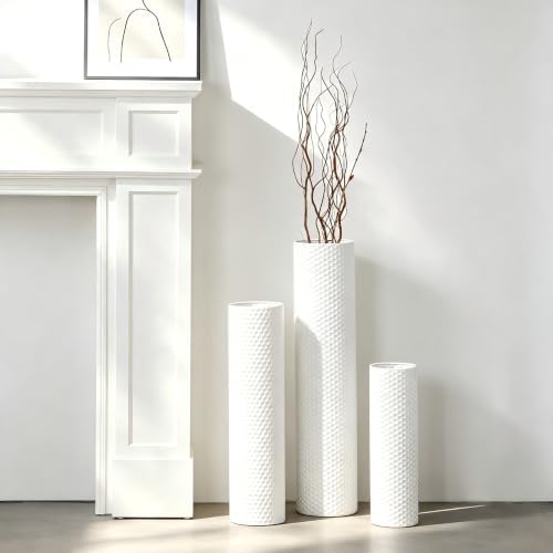 Dnnnii 3 Vasen Set - Hohe Zylindervasen aus Metall Weiß, Moderne Wabenstruktur, Große Stehvasen für Wohnzimmer (Höhe bis 70cm, Raumdekoration)
