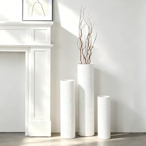Dnnnii Tall Floor Vases Set of 3 - White Metal Cylinder Vases for Living Room Corner, Modern Honeycomb Texture, Extra Large Standing Decor (Tallest 27.6in, Home Bedroom Dining Decor)