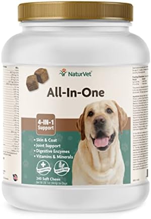 NaturVet All-in-One Dog Supplement - for Joint Support, Digestion, Skin, Coat Care – Dog Multivitamins with Minerals, Omega-3, 6, 9 – Wheat-Free Vitamins for Dogs – 240 Soft Chews