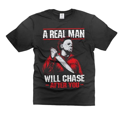 Silk Road Tees Mens Funny Halloween T-Shirt A Real Man Will Chase After You Shirt Halloween Funny Shirt Large Black