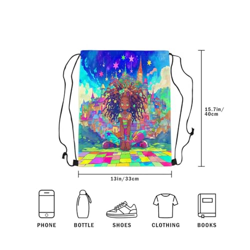 Image of jejeloiu Cute Black Drawstring Backpack 13x15.7inch African American Waterproof Gym Drawstring Bags Star Print Sports String Backpack Beach Swim Travel Bag Sackpack（No Gl