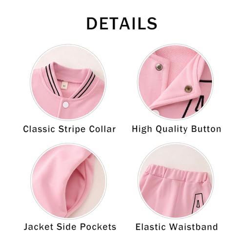 IZYJOY Toddler Boy Girl Baseball Tracksuit Outfit Varsity Bomber Jacket Pants Sweatsuits Set Sportswear Fall Winter Clothes(Pink,2-3T(90))