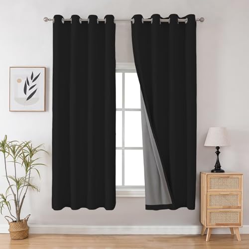 Image of Joydeco 100% Blackout Curtains 72 Inch Long, Black Black Out Curtains for Bedroom Windows, Room Darkening Thermal Insulated Short Textured Grommets Drapes for Living Room