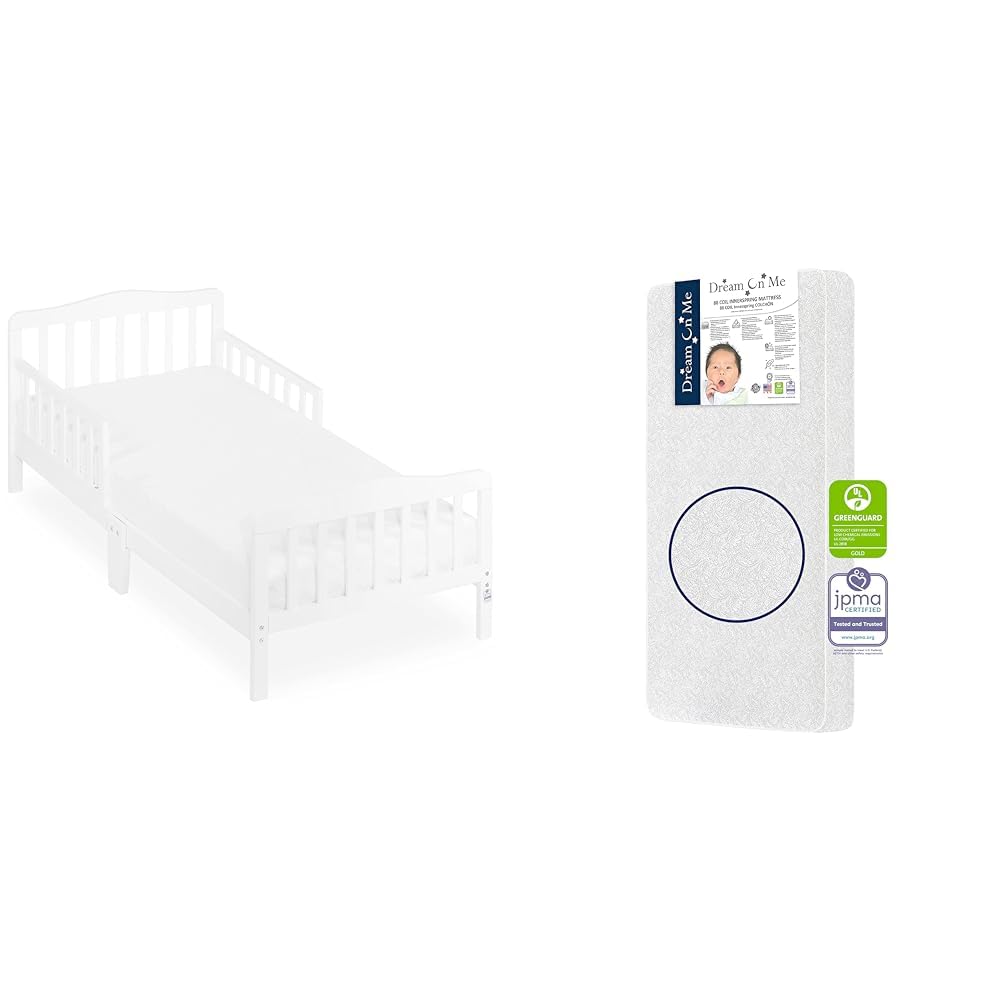 Dream On Me Toddler Bed, Mattress & Bedding Bundle - Classic Design Toddler Bed in White, Twilight 5" 88 Coil Mattress