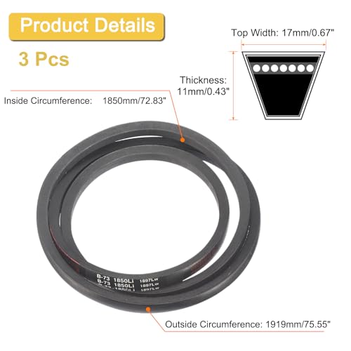 Image of uxcell 3 Pack B73 Classic Wrapped V-Belt, 76 inch Outside Circumference Wrapped Industrial Rubber V-Belt B Profile V-Belt for Industrial Machinery Equipment, Black