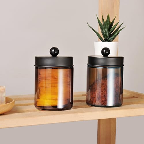 Amolliar-Amber-Glass-Apothecary-Jars-Qtip-Holder-wMetal-LidsBlack-2pc-for-Bathroom-Vanity-Storage-Countertop-Farmhouse-Style-Holds-Cotton-Swabs-Dental-Floss-Makeup-Sponges