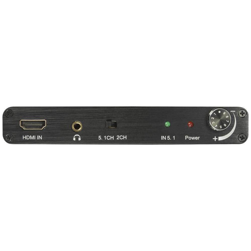 Front panel of the SpeaKa Professional HDMI to RCA Audio Extractor showing HDMI IN port, headphone jack, 5.1CH/2CH switch, IN 5.1 indicator, Power indicator, and volume control knob.