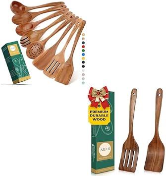 10Pcs Wooden Spoons for Cooking, Premium Wooden Cooking Utensil Set, Natural Teak Wood Utensils for Cooking