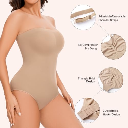 Image of Strapless Shapewear for Women,Tummy Control Bodysuit With Built In Bra,Seamless Body Shaper Tube Top Body Suit