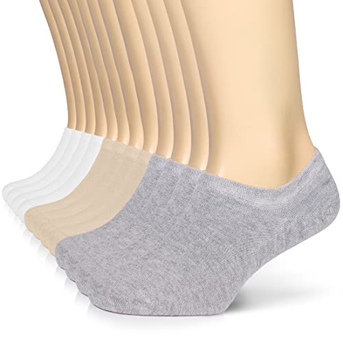 Hugh Ugoli Men Bamboo No Show Socks | Non Slip Invisible Liner Socks | Soft, Thin & Seamless Low Cut Socks | Light Gray/Beige/White|Shoe Size 8-11| 12 Pairs #TOP7