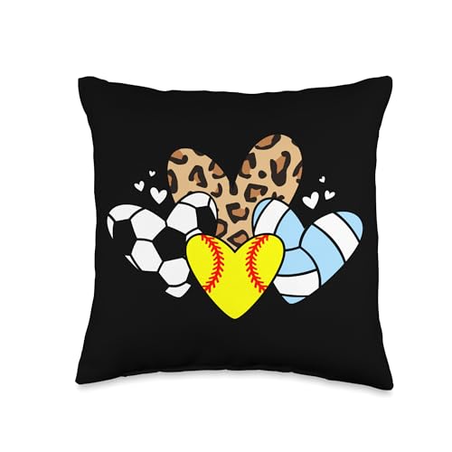 Softball Volleyball Soccer Heart Jan Softball Volleyball Soccer Heart Funny Sport Leopard Mom Throw Pillow, 16x16, Multicolor
