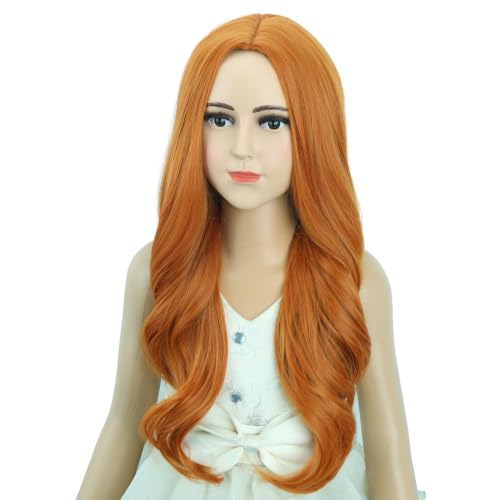 Image of Ginger Wig for Kids Girls Long Ginger Orange Wavy Curly Wig Child Long Orange Part Wigs Heat Resistant Synthetic Wigs with Hairnet