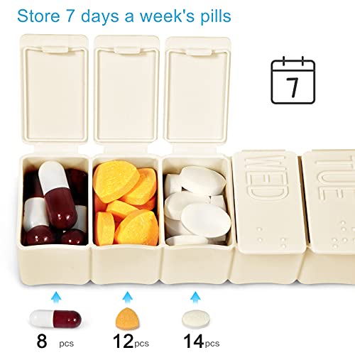Pill Organizer-Pill Boxes For Travel, 7 Day With Braille Pill Case Vitamins Fish Oil Supplements, Medication Organizer Dispenser For Fish Oils, Vitamin Holder Supplement (Beige) #TOP1