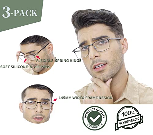 Hotjojo 3 Pack Bifocal Reading Glasses For Men, Blue Light Blocking Computer Readers,Anti Uv Ray/Eye Strain/Glare, Wide Metal Frame Eyeglasses With Pouches(150 Magnification Strength) #TOP3