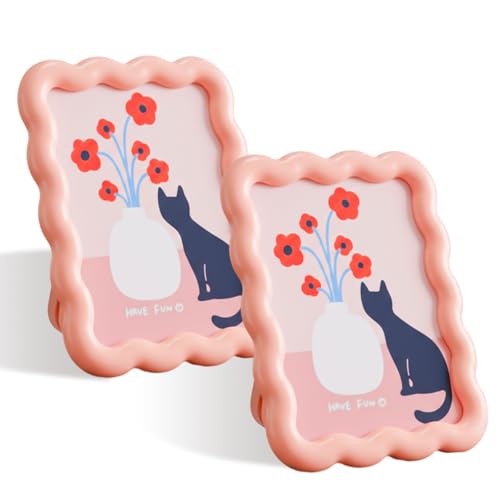 Fiwochic 2 Pcs 4x6 Inch Pink Wave Shape Photo Frame, Cute Resin Picture Frame for Tabletop and Wall Hanging Display, Home Decor, Art, Photo Gallery