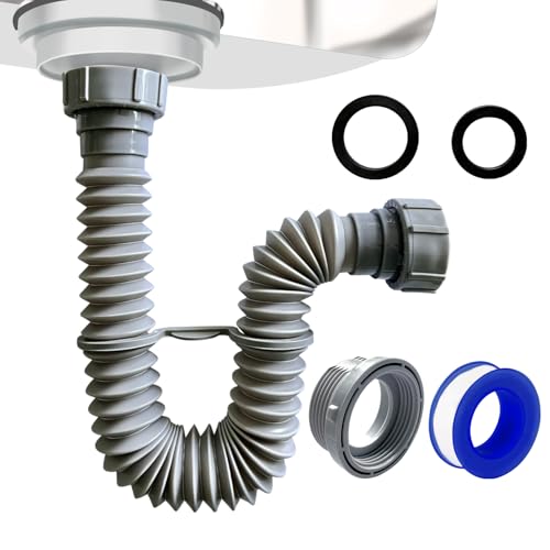 VIVIDA Sink Drain Pipe 1-1/2', Flexible Drain Pipe, 7.5'-17.7' Expandable Flexible P Trap for Bathroom and Kitchen, Under Sink Plumbing, 1-1/4' Adapter Included, Gray, 1 PACK