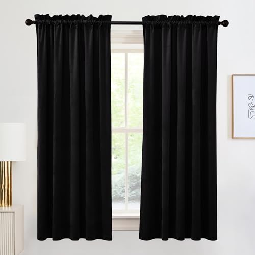 Image of RYB HOME Super Luxury Velvet Curtains with Rod Pocket Design, Privacy Thermal Insulated Window Drapes Room Darkening Shades for Dorm Basement Bedroom, Black, W52 x L72 inch, 2 Panels Set | Privacy, Thermal Insulated, Room Darkening Shades, for Laundry & Office, Black, W52 x L72, 2 Panels