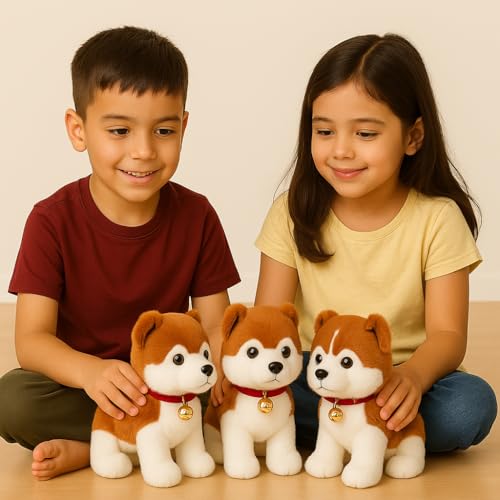 Image of Realistic Dog Plush Toy with Bell - 22cm Soft Stuffed Puppy for Kids | Cute Small Puppy Doll with Brown & White Fur for Boys & Girls