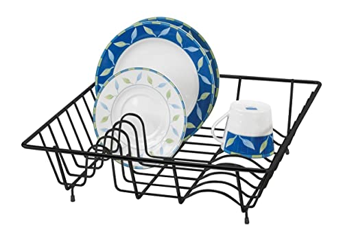 WENKO Escurridor de platos, práctico soporte escurreplatos WENKO para la cocina, escurrevajilla de calidad con rejilla para platos y bandeja para vasos y tazas, 35 x 35 x 9 cm, negro