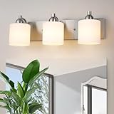 Mecgirn Stainless Steel Milk Glass Bathroom Vanity Light Over Mirror, 3 Light Brushed Nickel Bathroom Light Fixtures with Frosted Glass, Modern Vanity Lighting Wall Mount