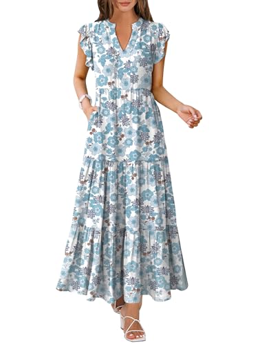 ANRABESS Womens Summer Casual Maxi Dress V Neck Ruffle Sleeve Long Dresses Fashion Flowy Tiered Boho Beach Vacation Sundress White Blue Floral Large