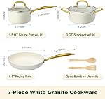 M MELENTA Pots and Pans Set Non Stick, 7 Piece White Granite Induction Cookware Set, Nonstick Kitchen Cooking Set with Gold Handle and Utensil, Oven Safe (PFOS, PFOA Free)