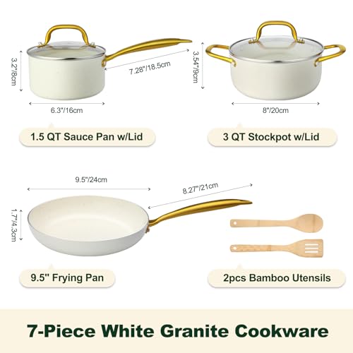 Image of M MELENTA Pots and Pans Set 7 piece, Non Stick White Granite Cookware Set | Compact Starter Cookware, Nonstick Pots and Pans Set, Induction Cookware, Kitchen Cooking Set, Oven Safe, PFOA Free