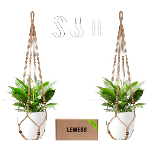 LEWESU Jute Macrame Plant Hanger Indoor Set of 2 Hanging Planter Basket Flower Pot Holder with Decorative Wood Beads & No Tassels for Indoor Outdoor Boho Home Decor, 35 Inch Brown (Pots Not Included)