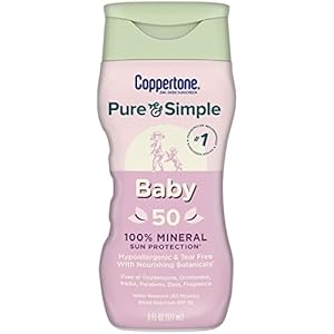 Coppertone Pure and Simple Sunscreen SPF 50 Lotion with Zinc Oxide Mineral for Babies, Tear Free, Water Resistant, Broad Spectrum, 6 Fl Oz Bottle