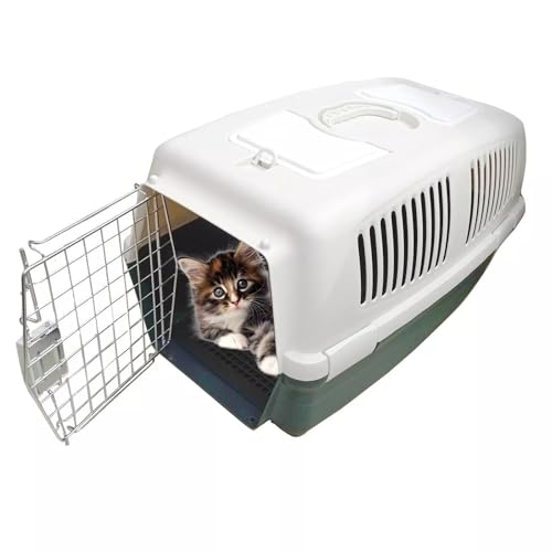 Large Pet Carrier Crate – 59.7x33x34.3cm Portable Travel Cage for Small Dogs & Medium Cats – Lightweight, Secure, Ventilated, Easy-Clean, Durable Plastic with Front Wire Door & Carry Handle